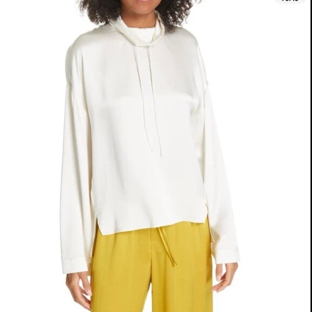 Vince Cream Pearl Birch Funnel Neck Silk Satin Drawstring top size small